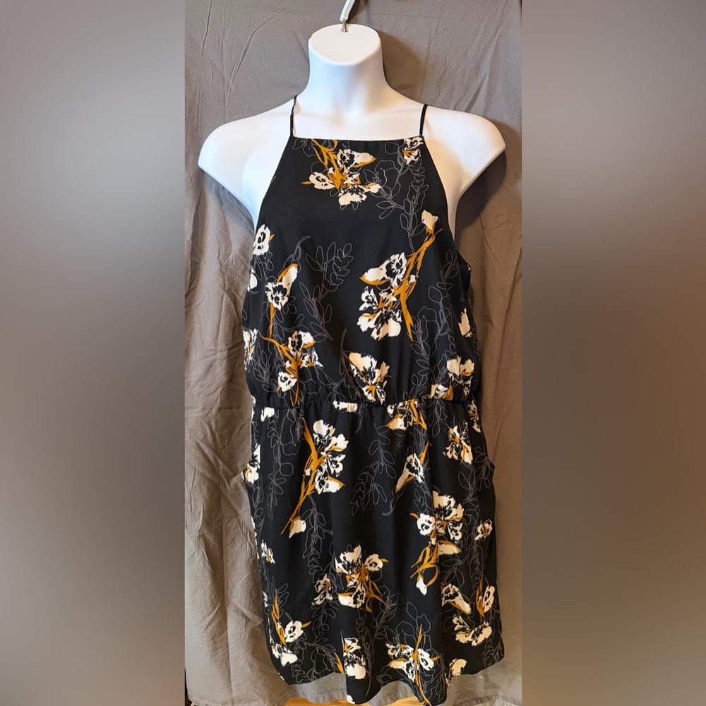 Sleeveless Black Floral Dress with Yellow Accent